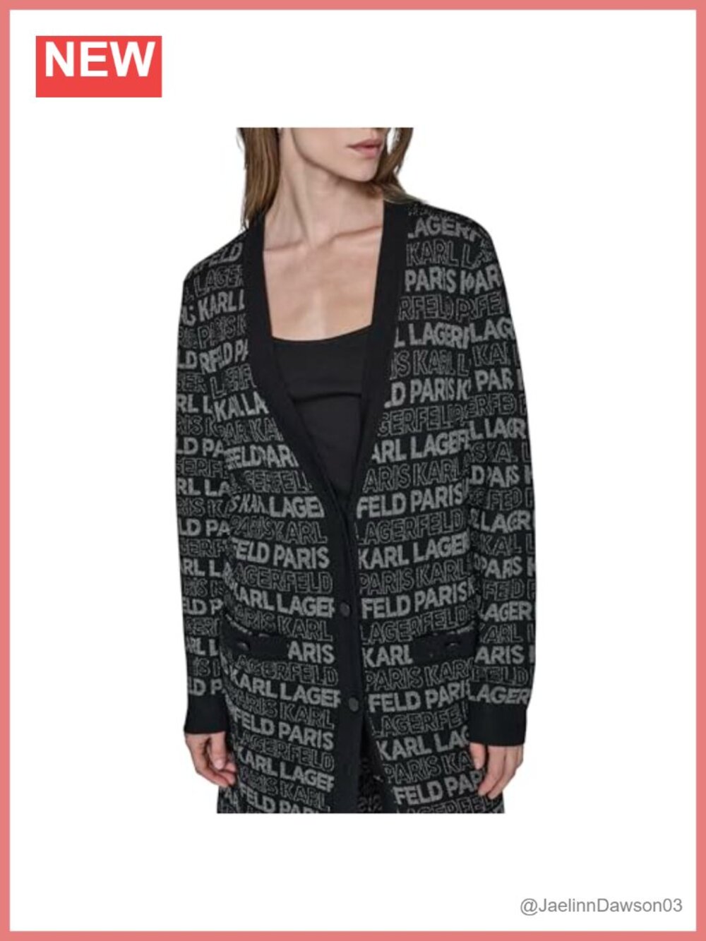 Karl Lagerfeld Long Sleeve V-Neck All Over Logo Long Cardigan Sweater
